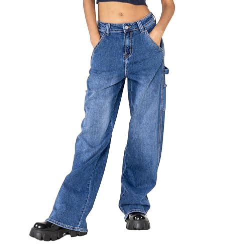 Nina Carter YY301 Damen High-Waisted Carpenter Jeans – Weite Stretch-Jeans im Used Look mit Flared-Leg (Hellblau (YY301-2), XS) von Nina Carter