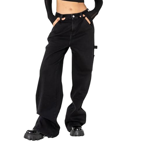 Nina Carter YY301 Damen High-Waisted Carpenter Jeans – Weite Stretch-Jeans im Used Look mit Flared-Leg (Schwarz (YY301-3), XL) von Nina Carter