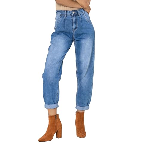 Nina Carter YY303 Damen High-Waist Baggy Jeans – Lässige Weit geschnittene Jeanshose Stretch-Denim Used Look (Blau (YY303-1), L) von Nina Carter