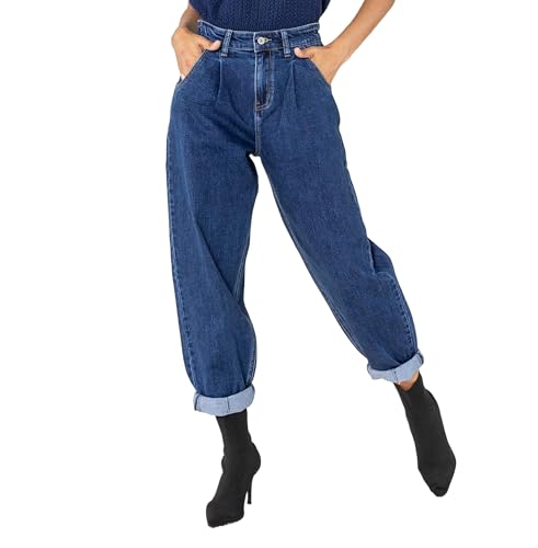 Nina Carter YY303 Damen High-Waist Baggy Jeans – Lässige Weit geschnittene Jeanshose Stretch-Denim Used Look (Dunkelblau (YY303-9), M) von Nina Carter