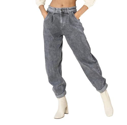 Nina Carter YY303 Damen High-Waist Baggy Jeans – Lässige Weit geschnittene Jeanshose Stretch-Denim Used Look (Grau (YY303-7), M) von Nina Carter