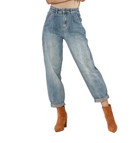 Nina Carter YY303 Damen High-Waist Baggy Jeans – Lässige Weit geschnittene Jeanshose Stretch-Denim Used Look (Vintage-Blau (YY303-13), L) von Nina Carter