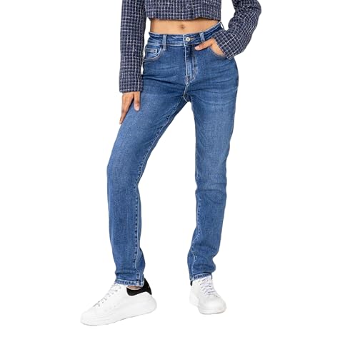 Nina Carter YY305 Damen High-Waist Mom Jeans Gerade geschnittene Jeanshose Stretch-Denim Used-Look (Blau (YY305-2), XL) von Nina Carter