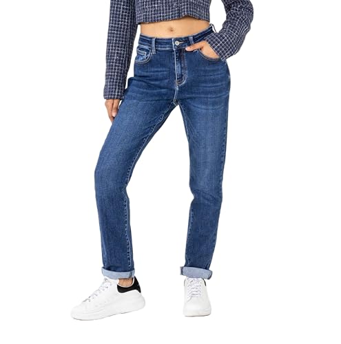 Nina Carter YY305 Damen High-Waist Mom Jeans Gerade geschnittene Jeanshose Stretch-Denim Used-Look (Dunkelblau (YY305-9), XL) von Nina Carter