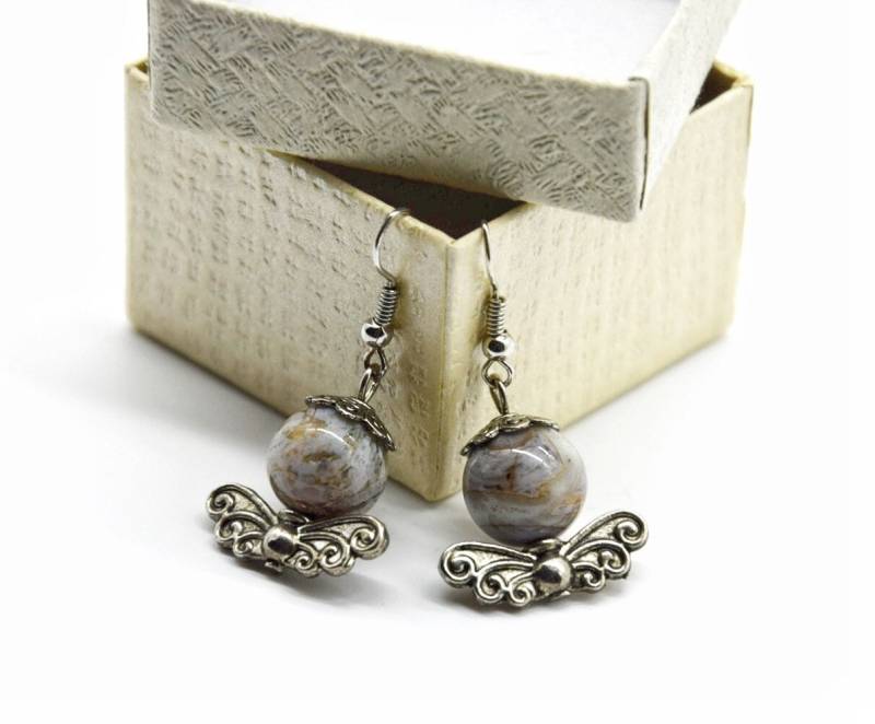 Graue Edelstein Ohrringe, Kurze Schlichte Boho Kugel Ohrhänger, Ornament Modeschmuck Einzelpaar, Geschenkideen Beste Freundin Frau Oma Mama von NinaAndIna