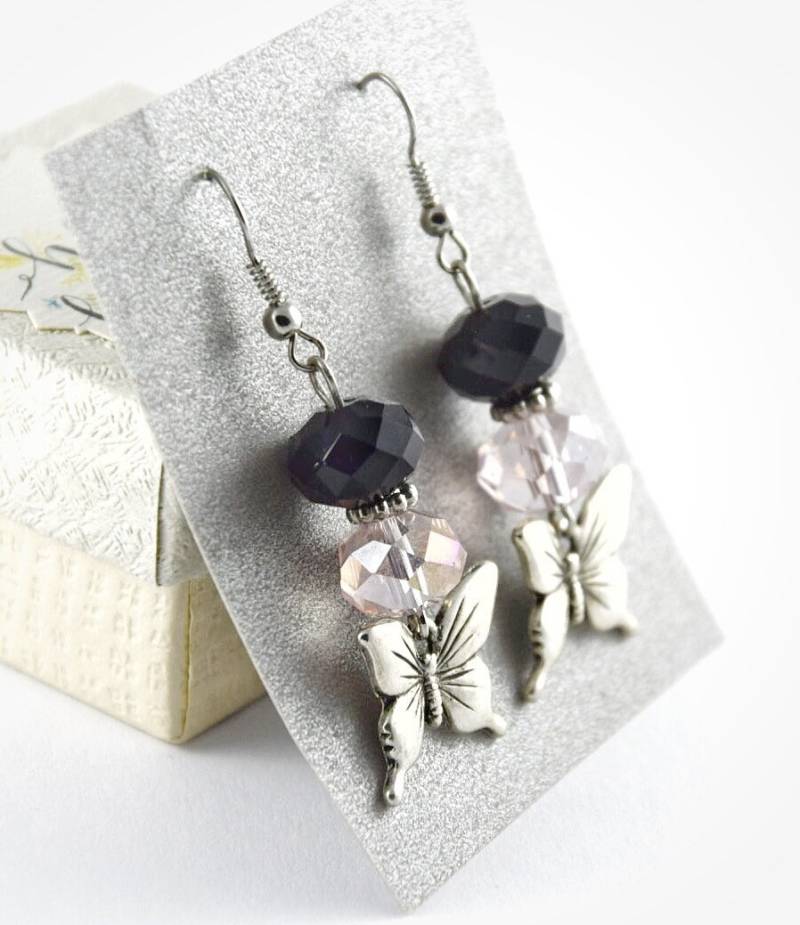 Schmetterling Ohrringe Mit Glasperlen in Rosé & Schwarz, Süßes Glas Hängeohrringe, Geschenkideen Für Frauen, Schönes Geschenk Beste Freundin von NinaAndIna