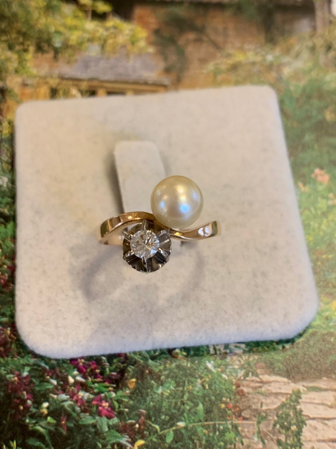 Vintage 18K Rosegold Toi Et Moi Ring Perle & Diamant, Circa 1950 von NinaRioJewelry