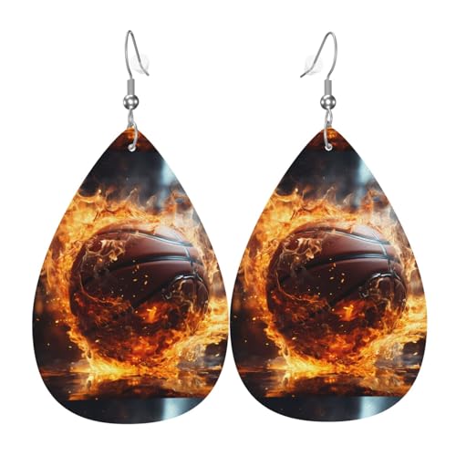 Basketball auf Feuer und Wasserflamme spritzende Leder-Ohrring-Paare Teardrop Kunstleder Ohrringe Set für Frauen leichte Leder baumeln Tropfen Ohrringe von Ninainaid