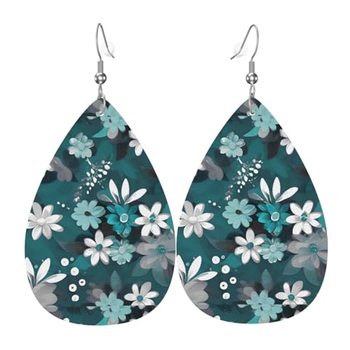 Blaugrün-graue und weiße Blumenleder-Ohrring-Paare in Tropfenform, Kunstleder-Ohrring-Set für Frauen, leichtes Leder, baumelnde Ohrringe. von Ninainaid