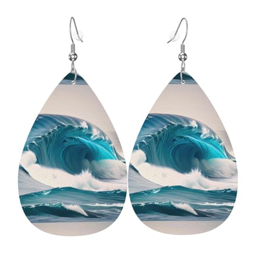 Cartoon-blaue Meereswellen-Leder-Ohrring-Paare in Tropfenform, Kunstleder-Ohrring-Set für Frauen, leichtes Leder, baumelnde Ohrringe. von Ninainaid