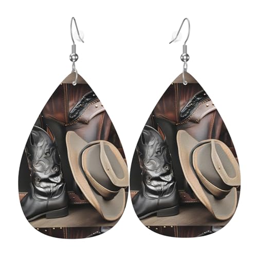 Cowboy Schwarzer Hut Westernstiefel Leder Ohrring Paar Teardrop Kunstleder Ohrringe Set für Frauen Leichte Leder Dangle Drop Ohrringe von Ninainaid