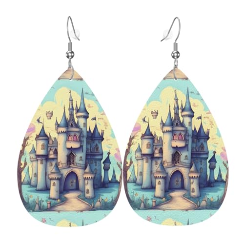Fairytale Castle Leder-Ohrring-Paare in Tropfenform aus Kunstleder für Damen, leichtes Leder, baumelnde Ohrringe. von Ninainaid