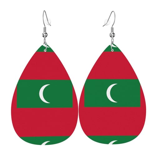 Flagge der Malediven Leder-Ohrring-Paare in Tropfenform, Kunstleder-Ohrring-Set für Frauen, leichtes Leder, baumelnde Ohrringe. von Ninainaid