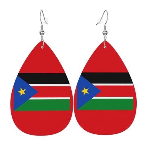 Flagge des Südsudan Leder-Ohrring-Paare in Tropfenform aus Kunstleder für Frauen, leichtes Leder, baumelnde Ohrringe. von Ninainaid