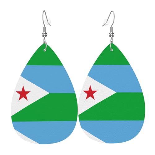 Flagge von Dschibuti Leder-Ohrring-Paare in Tropfenform, Kunstleder-Ohrring-Set für Frauen, leichtes Leder, baumelnde Ohrringe. von Ninainaid
