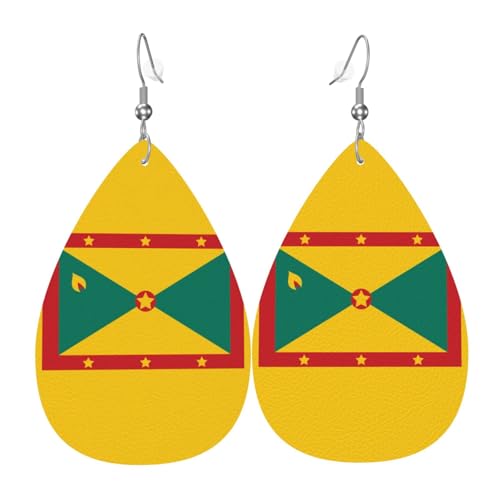 Flagge von Grenada Leder-Ohrring-Paare in Tropfenform aus Kunstleder für Damen, leichtes Leder-Hängeohrringe. von Ninainaid