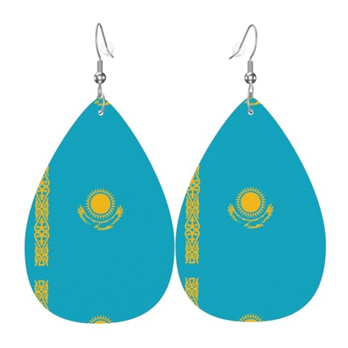 Flagge von Kasachstan Leder-Ohrring-Paare, Tropfenform, Kunstleder-Ohrring-Set für Frauen, leichtes Leder, baumelnde Ohrringe. von Ninainaid