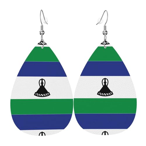 Flagge von Lesotho Leder-Ohrring-Paare in Tropfenform aus Kunstleder für Frauen, leichtes Leder, baumelnde Ohrringe. von Ninainaid