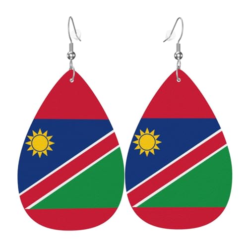 Flagge von Namibia Leder-Ohrring-Paare in Tropfenform aus Kunstleder für Frauen, leichtes Leder, baumelnde Ohrringe. von Ninainaid