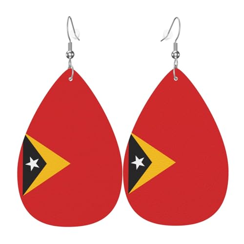 Flagge von Timor-Leste Leder-Ohrring-Paare in Tropfenform, Kunstleder-Ohrring-Set für Frauen, leichtes Leder, baumelnde Ohrringe. von Ninainaid