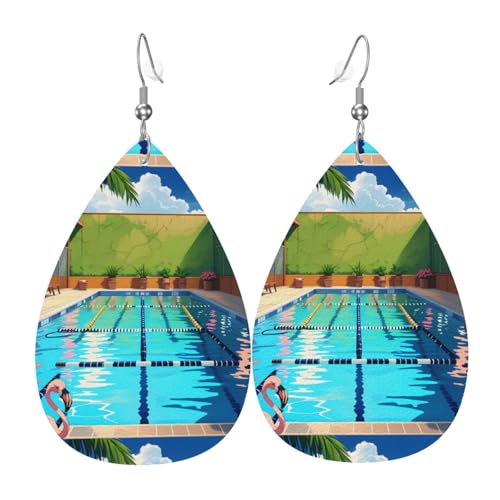 Flamingo- und Schwimmbad-Leder-Ohrring-Paare in Tropfenform, Kunstleder-Ohrring-Set für Frauen, leichtes Leder, baumelnde Ohrringe. von Ninainaid