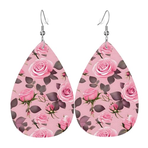 Hübsche rosa Rosen, Leder-Ohrring-Paare in Tropfenform, Kunstleder-Ohrring-Set für Frauen, leichtes Leder, baumelnde Ohrringe. von Ninainaid