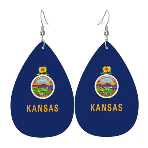 Kansas State Flag Leder-Ohrring-Paare in Tropfenform aus Kunstleder für Frauen, leichtes Leder, baumelnde Ohrringe. von Ninainaid