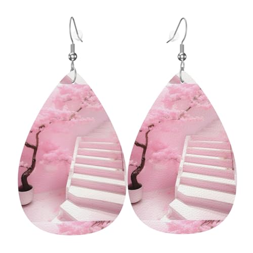 Kirschblüten-weiße Treppenleder-Ohrringe-Paare in Tropfenform, Kunstleder-Ohrring-Set für Frauen, leichtes Leder, baumelnde Ohrringe. von Ninainaid