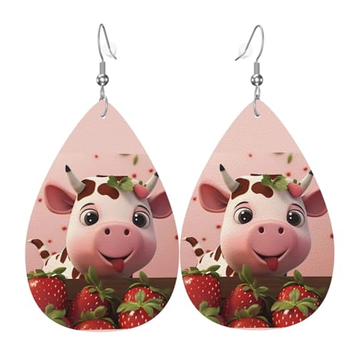 Kuh- und Erdbeeren-Leder-Ohrring-Paare in Tropfenform, Kunstleder-Ohrring-Set für Frauen, leichtes Leder, baumelnde Ohrringe. von Ninainaid