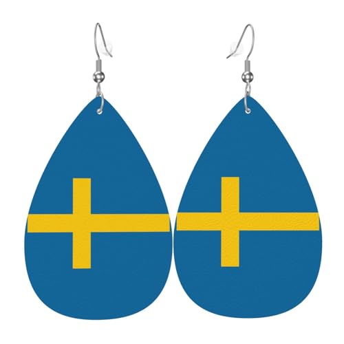 Ohrringe aus Leder mit schwedischer Flagge, Tropfenform, Kunstleder-Ohrring-Set für Damen, leichtes Leder, baumelnde Ohrringe. von Ninainaid