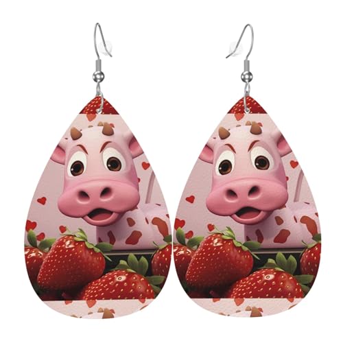 Rosa Kuh mit Erdbeeren Leder-Ohrring-Paare Tropfenform Kunstleder Ohrringe Set für Frauen leichte Leder baumeln Tropfen Ohrringe von Ninainaid