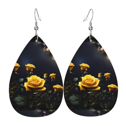Schöne gelbe Rosen, Leder-Ohrring-Paare in Tropfenform, Kunstleder-Ohrring-Set für Frauen, leichtes Leder, baumelnde Ohrringe. von Ninainaid