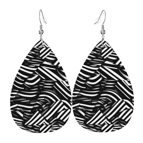 Schwarze und weiße Linien, Leder-Ohrring-Paare in Tropfenform, Kunstleder-Ohrring-Set für Frauen, leichtes Leder, baumelnde Ohrringe. von Ninainaid