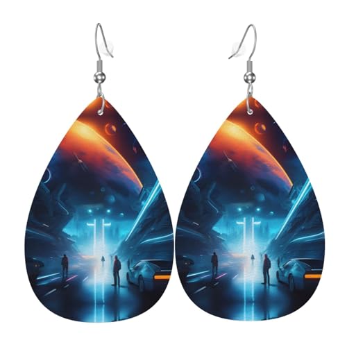Science Fiction Future Leder-Ohrring-Paare in Tropfenform aus Kunstleder für Frauen, leichtes Leder, baumelnde Ohrringe. von Ninainaid