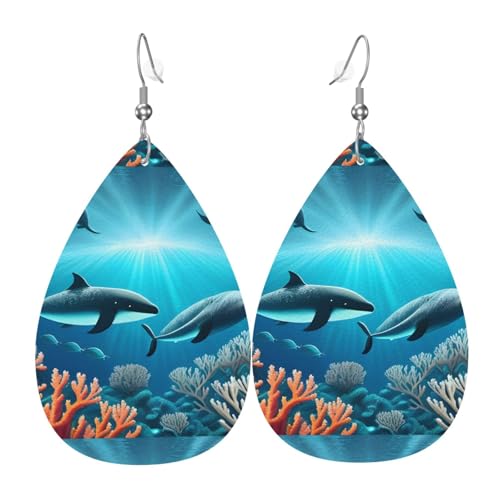Wale unter dem Meer Leder-Ohrring-Paare in Tropfenform, Kunstleder-Ohrring-Set für Frauen, leichtes Leder, baumelnde Ohrringe. von Ninainaid