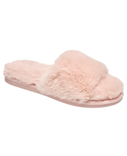 Nine West Damen-Hausschuhe mit überkreuztem Kunstfell, gemütliche Hausschuhe mit offenem Zehenbereich in kräftigen Farben, Pfirsich, Small von Nine West