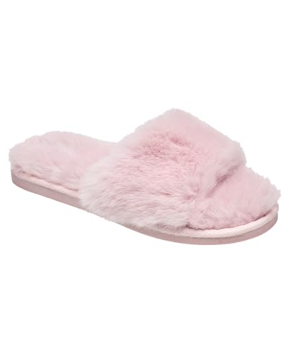 Nine West Damen-Hausschuhe mit überkreuztem Kunstfell, gemütliche Hausschuhe mit offenem Zehenbereich in kräftigen Farben, Pink, X-Large von Nine West