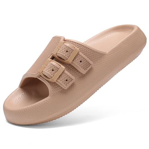 NineCiFun Damen Slide Sandalen Bequeme Weiche Wolkenrutschen Verstellbare rutschfeste Flache Sandalen für Frauen Männer Slip On Hausschuhe Kissen Hausschuhe, Braun, 8.5-9.5 Women/7.5-8.5 Men von NineCiFun
