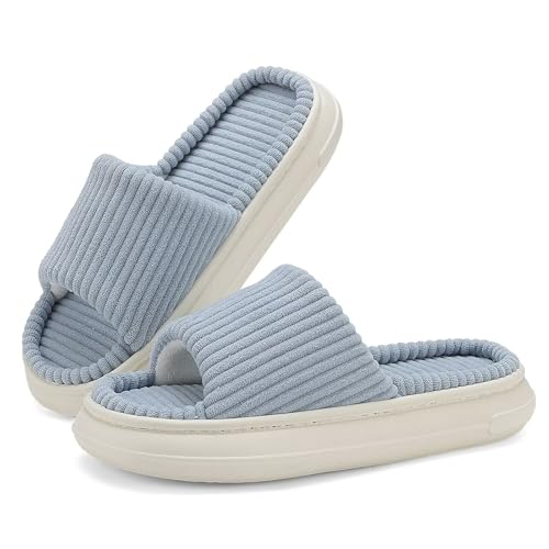 NineCiFun Damen Sommer Hausschuhe Innen und Außen Slip-On Haus Schlafzimmer Schuhe Offene Zehe Memory Foam Hausschuhe Weit Blau 38 39 von NineCiFun