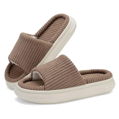 NineCiFun Damen Sommer Hausschuhe Innen und Außen Slip-On Haus Schlafzimmer Schuhe Offene Zehe Memory Foam Hausschuhe Weit Braun 36 37 von NineCiFun