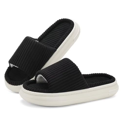 NineCiFun Damen Sommer Hausschuhe Innen und Außen Slip-On Haus Schlafzimmer Schuhe Offene Zehe Memory Foam Hausschuhe Weit Schwarz 38 39 von NineCiFun