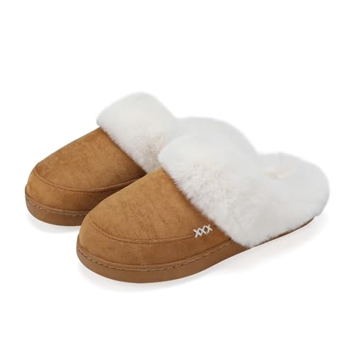 NineCiFun Damen Winter Hausschuhe Warme Flauschige Plüsch Pantoffeln rutschfest Slip on Flache hüttenschuhe(36/37EU,Camel) von NineCiFun