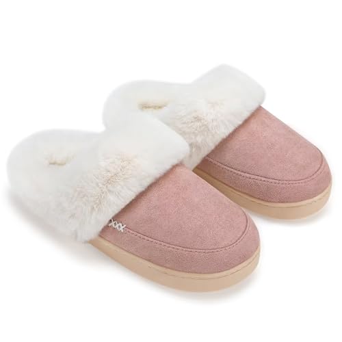 NineCiFun Damen Winter Hausschuhe Warme Flauschige Plüsch Pantoffeln rutschfest Slip on Flache hüttenschuhe (38/39EU,HellRosa) von NineCiFun