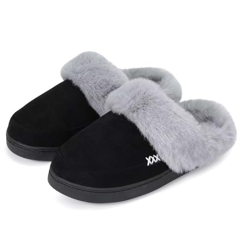 NineCiFun Damen Herren Winter Hausschuhe Warme Flauschige Plüsch Pantoffeln rutschfest Outdoor/Indoor Flache hüttenschuhe （38/39EU,Schwarz von NineCiFun