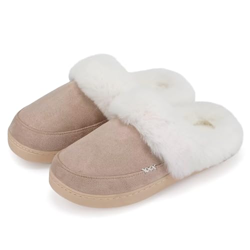 NineCiFun Damen Winter Hausschuhe Warme Flauschige Plüsch Pantoffeln rutschfest Slip on Flache hüttenschuhe (40/41EU,Khaki) von NineCiFun