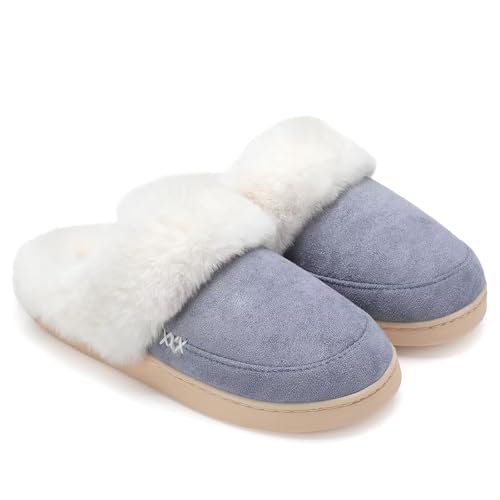NineCiFun Damen Winter Hausschuhe Warme Flauschige Plüsch Pantoffeln rutschfest Slip on Flache hüttenschuhe (42/43EU,HellBlau) von NineCiFun