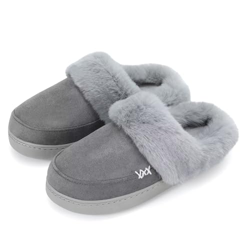 NineCiFun Damen Winter Hausschuhe Warme Flauschige Plüsch Pantoffeln rutschfest Slip on Flache hüttenschuhe(44/45EU,Grau) von NineCiFun