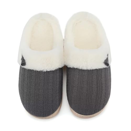 NineCiFun Hausschuhe Damen Winter Wärme Bequem Plüsch Memory Foam rutschfeste Indoor Pantoffeln(EU40/41,Grau weiß) von NineCiFun