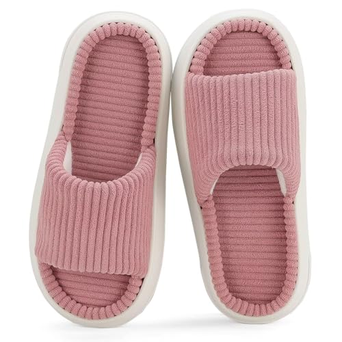 NineCiFun Uni Hausschuhe Memory Foam Open Toe Sommer Hausschuhe für Damen und Herren Cord Plattform Hausschuhe für drinnen und draußen, Pink, 7-8 Women/6.5-7 Men von NineCiFun