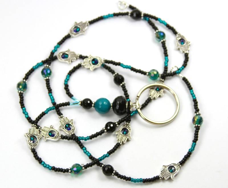 Blaugrün Humsa - Glasperlen Badge Holder, Beaded Lanyard, Mint Und Schwarz Schlüsselband von NineGemsInspirations